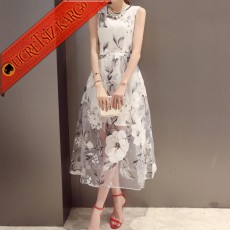 * Mini İç Japon Çiçekli Uzun Kolsuz Elbise