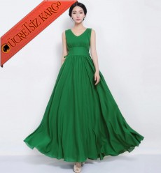 * Japon V-Yaka So Chic Uzun Elbise M L Yeşil