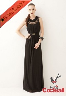* Kesik Yaka Japon Elegant Uzun Gece Elbise Siyah