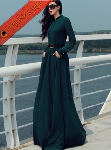* Kollu Japon Simple Kışlık Uzun Elbise Yeşil M L