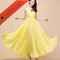* Japon Kolsuz Uçuşan Peri Uzun Elbise Sarı