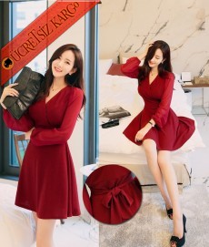 * V-Yaka Japon Elegant Çan Elbise Kırmızı S