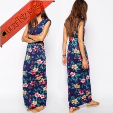 * Japon Rengarenk Çiçekler Uzun Elbise Xs-Xxl