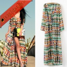 * Geometri Pastel Renkler Japon Uzun Elbise S-L