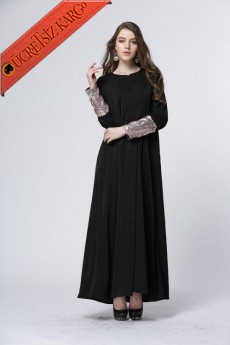 * Altın Yama Kol Japon Casual Uzun Elbise Siyah