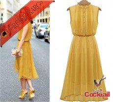 * Japon Boydan Düğme Genç Uzun Elbise S-Xl Sarı