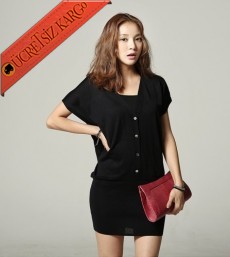 * Japon Hırka Stil Genç Mini Elbise Siyah