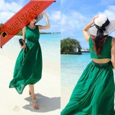 * Dekolte Sırt Japon Diz Altı Elbise Yeşil S-L