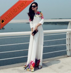 * Japon Omuz & Etek Ucu Çiçek Uzun Elbise M-Xl