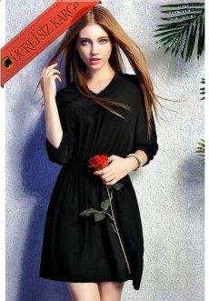 * Büzgü Bel Japon Dökümlü Mini Elbise Siyah