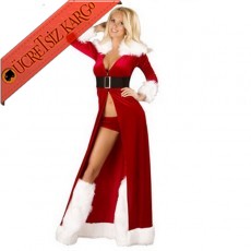 * Kürklü Uzun Noel Anne Sexy Fantezi Kostüm
