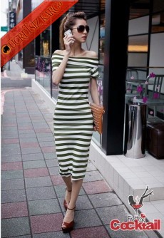 * Çizgili Düşük Omuz Japon Uzun Elbise Yeşil