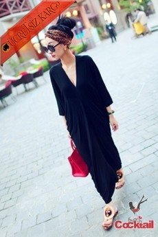 * Japon Derin V-Yaka Dökümlü Uzun Elbise Siyah
