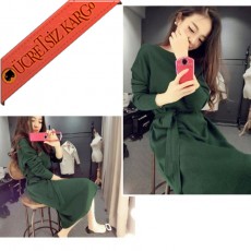 * Casual & Relax Japon Diz Altı Kışlık Elbise Yeşil
