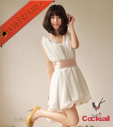 * Japon Kolsuz Dalgalı Gece Elegant Elbise L Beyaz