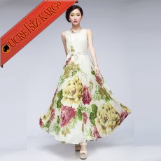 * Çiçek Desenli Japon Kolsuz Uzun Elbise M L