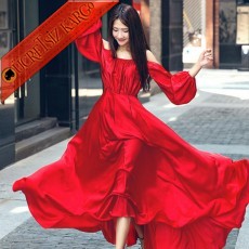 * İspanyol Stil Japon Uzun Elbise Kırmızı S-L