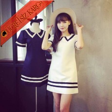 * Denizci Çizgiler & Yakalı Japon Elbise Beyaz