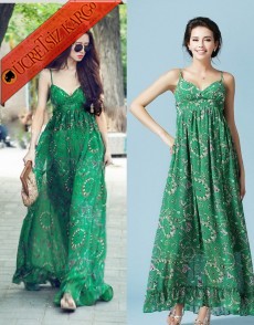 * Japon Yeşil Orman Şifon Uzun Elbise S-L