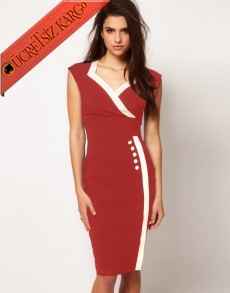 * Beyaz Şerit Japon Elegant Elbise Kırmızı S-L