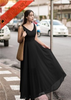 * Derin V-Yaka Japon Dökümlü Uzun Elbise M L Siyah