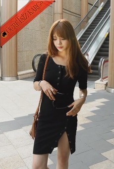 * Düğmeli Yırtmaç Japon Casual Elbise Siyah
