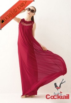 * Kesik Yaka Japon Elegant Uzun Gece Elbise Kızıl