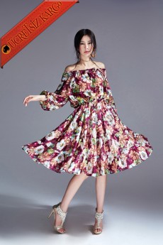 * Düşük Omuz Japon Çiçekli Diz Altı Elbise L