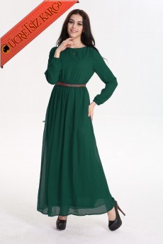 * Şifon Kollu Japon Uzun Şık Elbise Yeşil