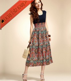 * Otantik Renkli Desen Japon Diz Altı Elbise Bordo