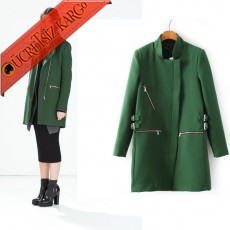 * Asimetrik Fermuar Japon Elegant Palto Yeşil S-L