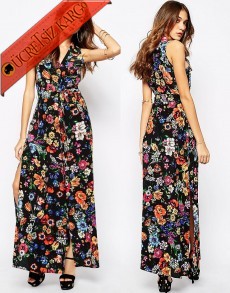 * Japon Renkli Çiçekler Uzun Dökümlü Elbise S-L