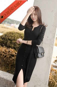 * Orta Düğme & Yırtmaç Japon Elegant Elbise Siyah