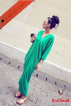 * Japon Derin V-Yaka Dökümlü Uzun Elbise Yeşil