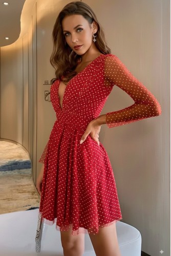 Derin V Yaka Sexy Tüllü Uzun Kol Kokteyl Davet Mini Elbise Kırmızı