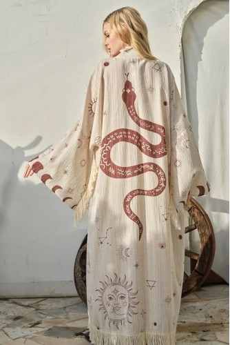 Yılan Astroloji Yıldız Haritası Püsküllü Doğal Kumaşlı Bohem Sahil Tatil Festival Karnaval Vibe Boho Kimono Kaftan Pareo