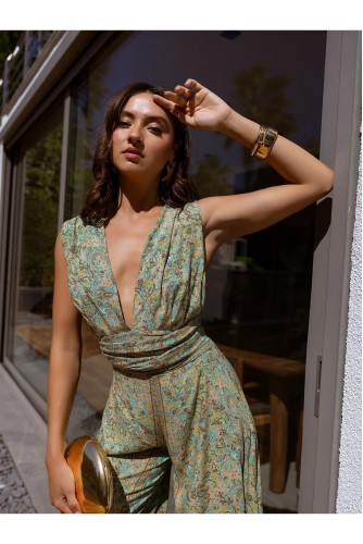 Boho Bağlama Tasarım Viskon Geniş Yanlar Kısa İspanyol Paça Yazlık Tatil Sahil Uzun Bohem Tulum Mint