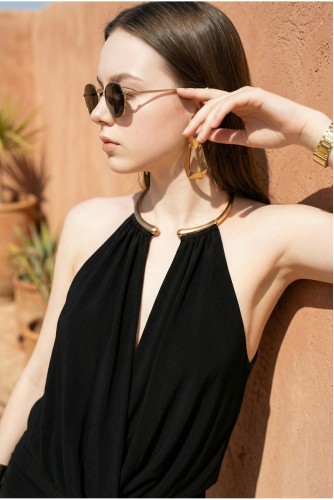 Helenistik Couture Boyun Halkalı Jarse Derin Degajeli Sırt Dekolte Kombin Gece Halter Crop