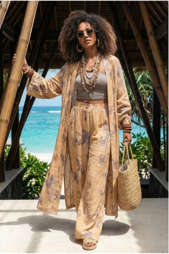 Çiçek Yapraklı Baskılı Oversize Kimono Kaftan Lastikli Pantolon Doğal Gofre Bohem Takım