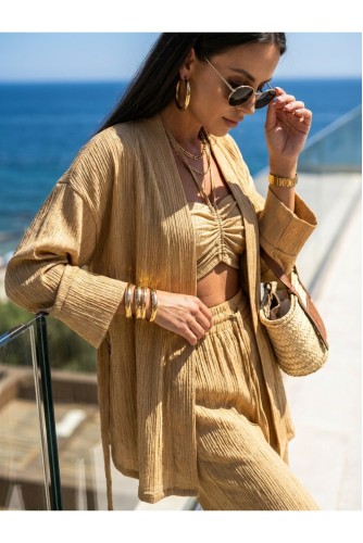 Soft Yumuşak Saten Kumaşlı Büzgü Bağlama Lastikli Crop Ceket Pantolon Kemer 4 Lü Takım