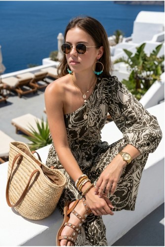 Hint Şal Desenli Asimetrik Tek Omuz Tek Kol Pantolon Crop Yazlık Tatil Bohem Boho Takım