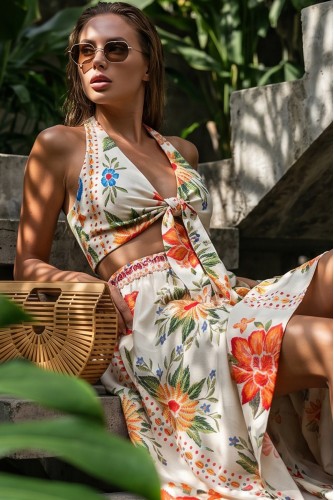 Island Girl Vintage Bağlamalı Tropikal Halter Yaka Büstiyer ve Cepli Asimetrik Mendil Etek Yazlık Bohem Boho Set Takım