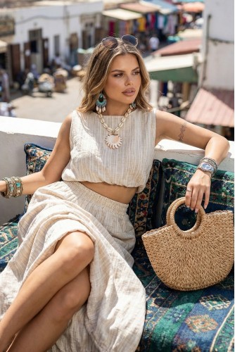 Dökümlü Artisan Dokulu Hacimli Bel Lastikli Comfort Bohem Kolsuz Aksesuarsız Crop Etek İkili Takım