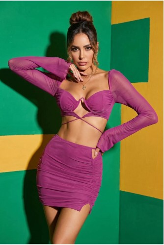 Tül Uzun Kol Asimetrik Pencereli Etek Büstiyer Bağlama Sexy Takım