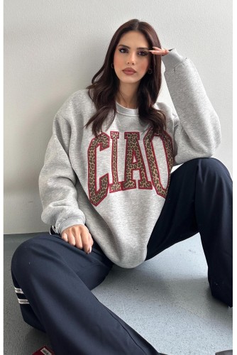 CIAO Büyük Fontlu Leopar Desen Yazılı Salaş Bol Kadın Kışlık Ofis Kolej Sweat