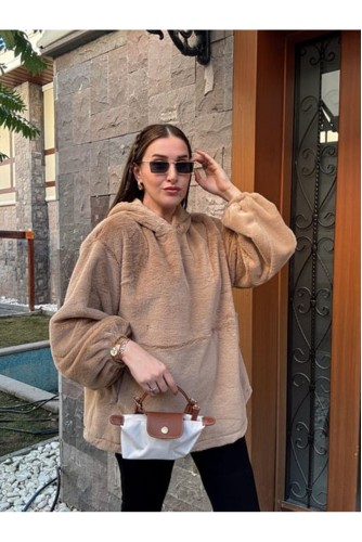 Pofuduk Yumuşacık Gizli Cepli Kapşonlu Salaş Geniş Kadın Sweat Sütlü Kahve