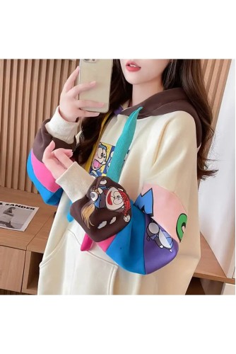 Japon Anime Tarzı Kapşonlu Salaş Desenli Renkli Ponponlu Cepli Kışlık Sweatshirt