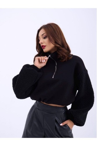 Peluş Tiftik Kollu Kalın Kışlık Sıcacık Bel Lastikli Kısa Krop Sweat