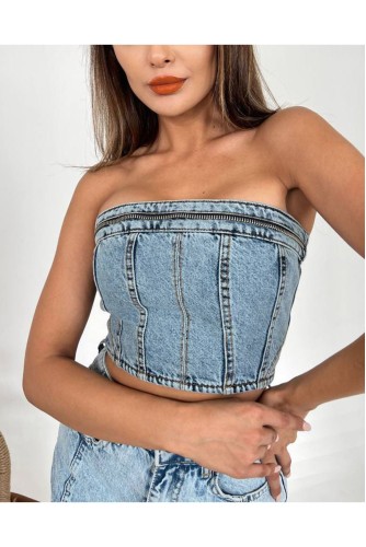 Denim Kot Yarım Fermuar Detaylı Sırt Fermuarlı Straples Askısız Büstiyer Krop