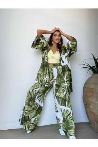 Yapraklı Kaftan Üst Pantolon Takım Yeşil